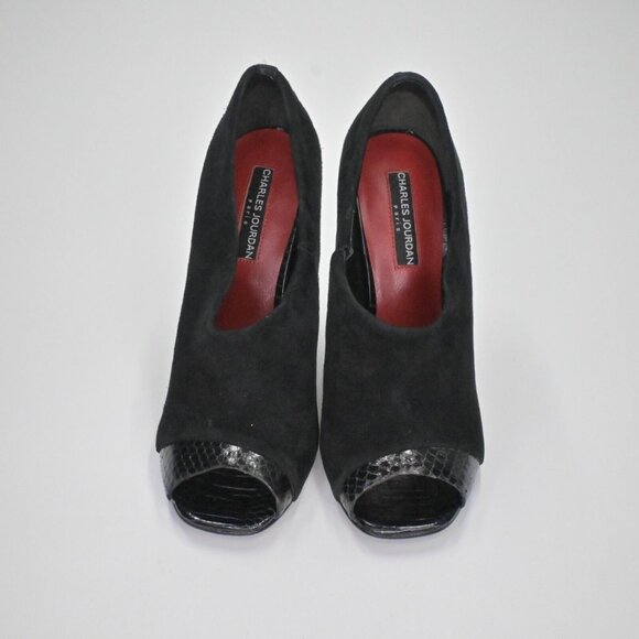 Vtg CHARLES JOURDAN Heels Womens Size 8 Black Suede Snakeskin Embossed Peep Toe - Picture 5 of 11